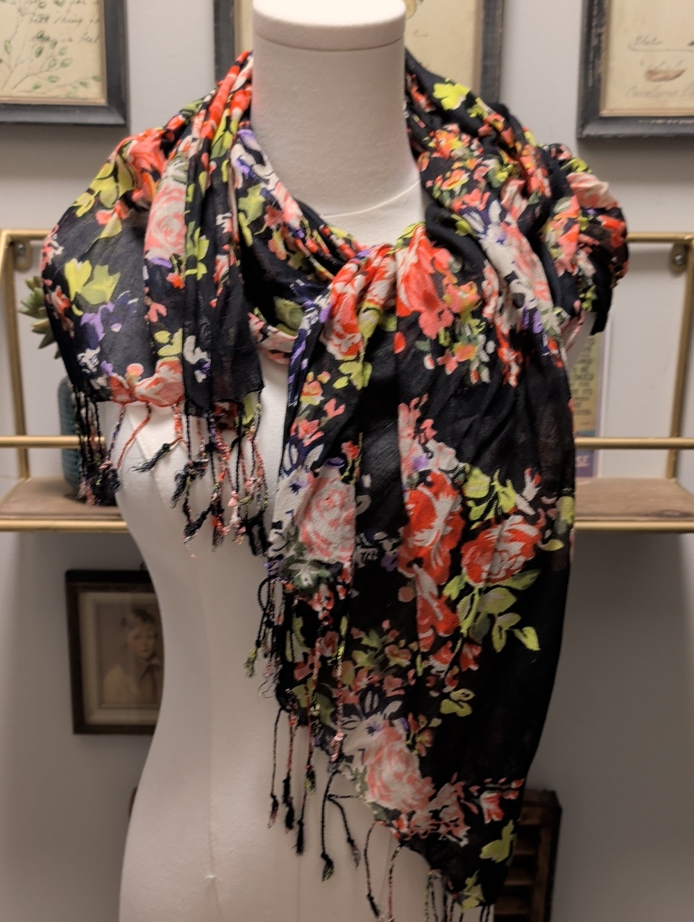 Black Floral Fringe- Lightweight Scarf